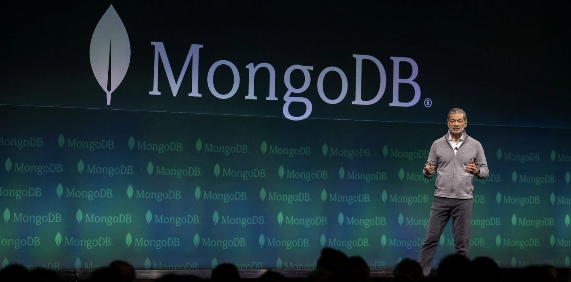 Photo of MongoDB’s CEO, Dev Ittycheria, on the MongoDB .Local NYC keynote stage